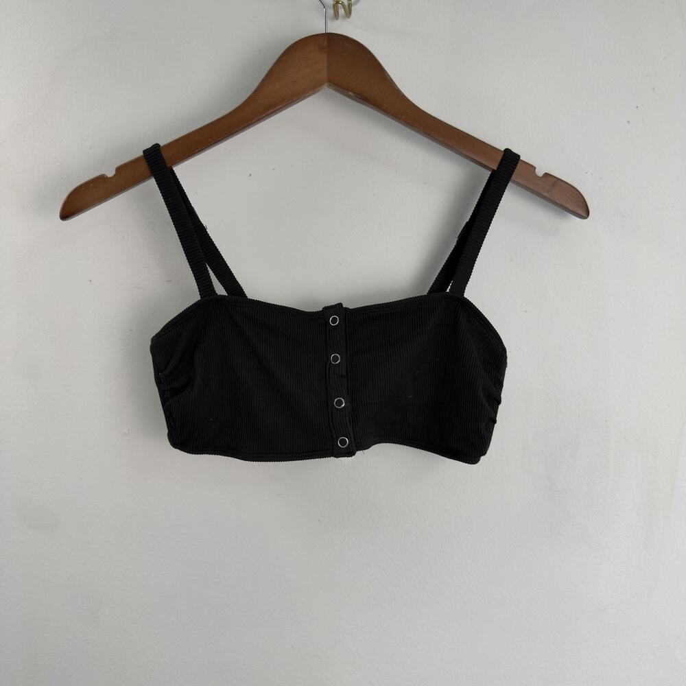 Aerie Women Swim Top Ribbed Bandeau Bikini Snap Front Black Med Adjustable